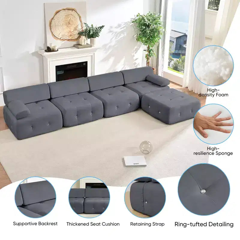 Divano sezionale in velluto a forma di L Mjkone, divano componibile a 4 posti con pouf, divani trasformabili con bordo borchiato