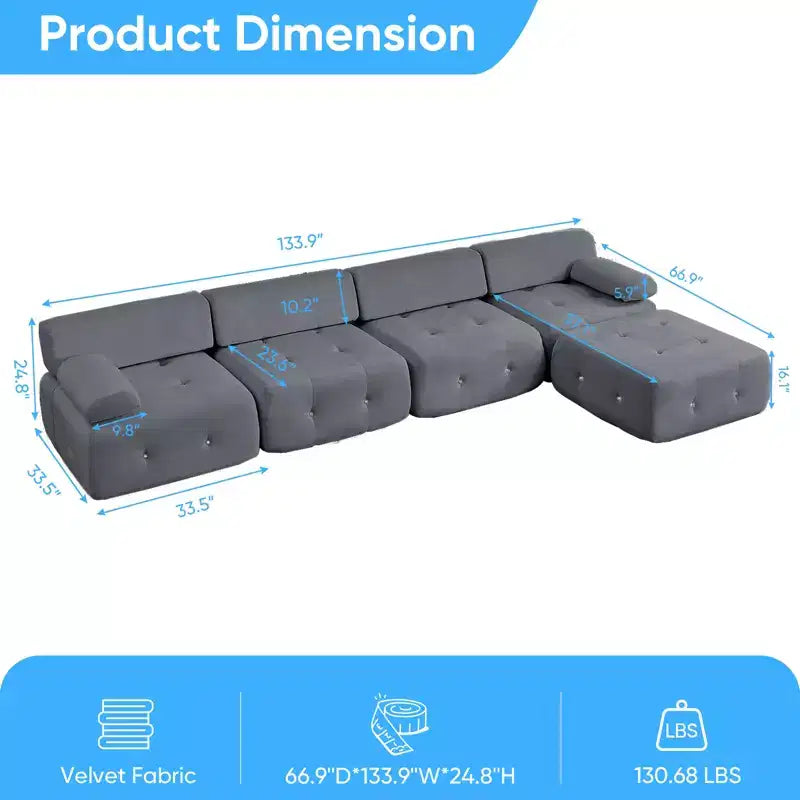 Divano sezionale in velluto a forma di L Mjkone, divano componibile a 4 posti con pouf, divani trasformabili con bordo borchiato