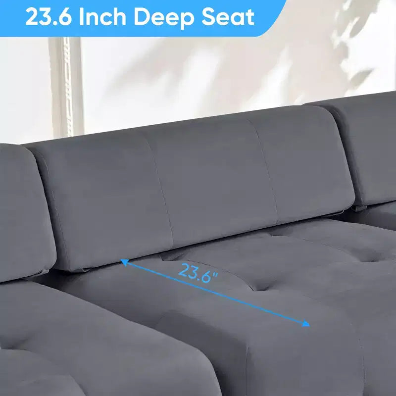 Divano sezionale in velluto a forma di L Mjkone, divano componibile a 4 posti con pouf, divani trasformabili con bordo borchiato