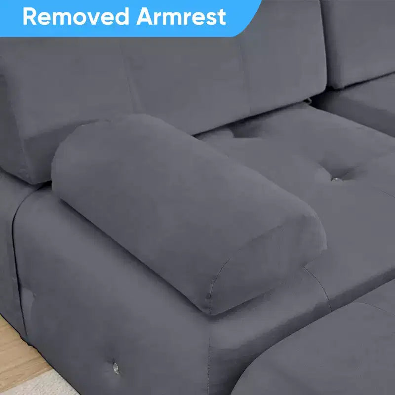 Divano sezionale in velluto a forma di L Mjkone, divano componibile a 4 posti con pouf, divani trasformabili con bordo borchiato