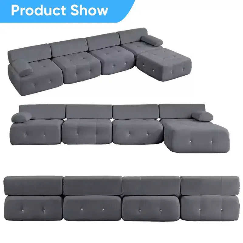 Divano sezionale in velluto a forma di L Mjkone, divano componibile a 4 posti con pouf, divani trasformabili con bordo borchiato