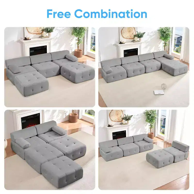 Divano sezionale in velluto a forma di L Mjkone, divano componibile a 4 posti con pouf, divani trasformabili con bordo borchiato