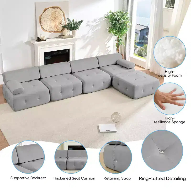 Divano sezionale in velluto a forma di L Mjkone, divano componibile a 4 posti con pouf, divani trasformabili con bordo borchiato