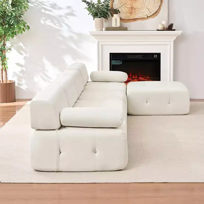 Divano sezionale in velluto a forma di L Mjkone, divano componibile a 4 posti con pouf, divani trasformabili con bordo borchiato