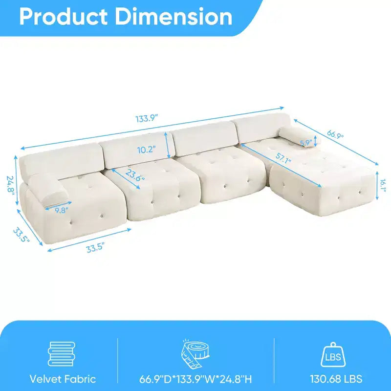 Divano sezionale in velluto a forma di L Mjkone, divano componibile a 4 posti con pouf, divani trasformabili con bordo borchiato