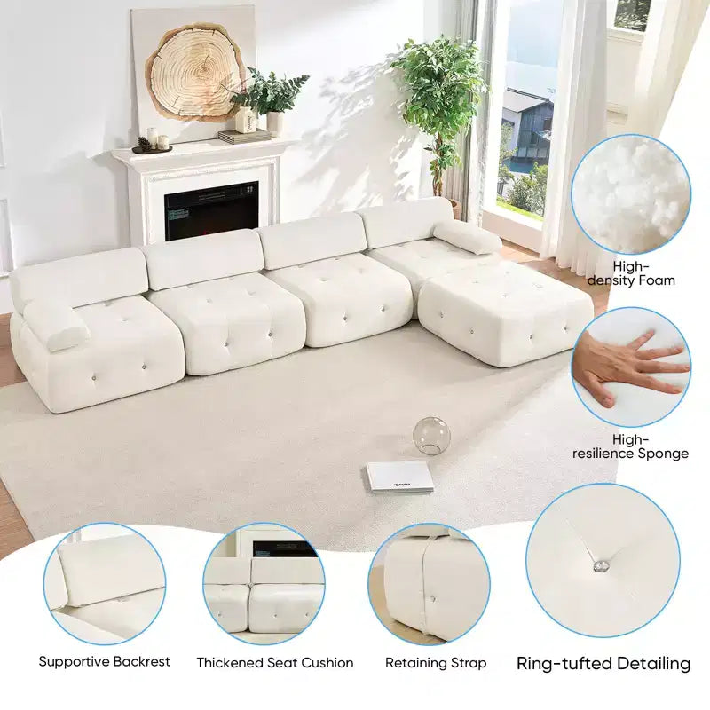 Divano sezionale in velluto a forma di L Mjkone, divano componibile a 4 posti con pouf, divani trasformabili con bordo borchiato
