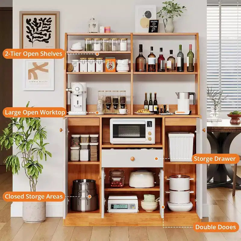 Credenza in legno, mobile credenza grande con vani portaoggetti, mobile dispensa da cucina indipendente con cassetti, ripiano regolabile