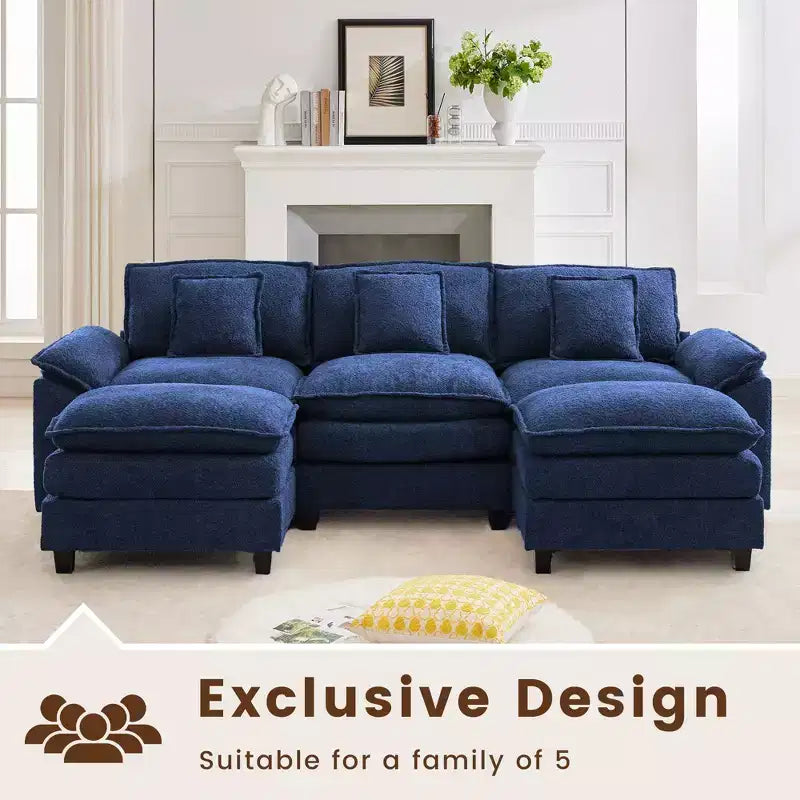 Likepay 105.9 in. Divano Sezionale a 5 Posti in Tessuto Ciniglia con 2 Pouf, Blu Scuro