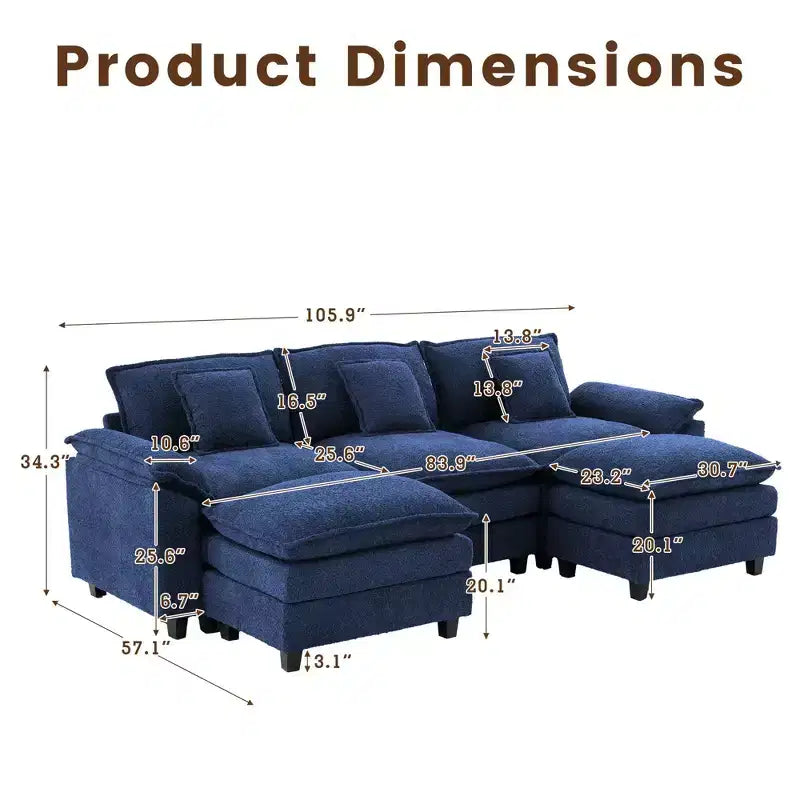 Likepay 105.9 in. Divano Sezionale a 5 Posti in Tessuto Ciniglia con 2 Pouf, Blu Scuro