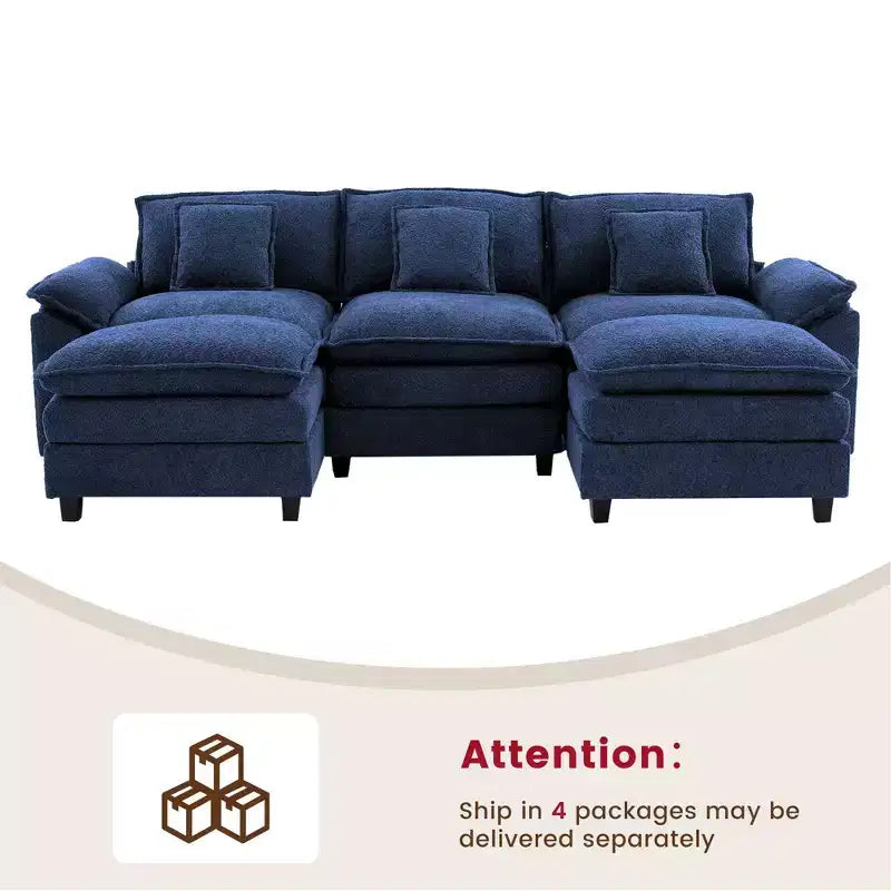 Likepay 105.9 in. Divano Sezionale a 5 Posti in Tessuto Ciniglia con 2 Pouf, Blu Scuro