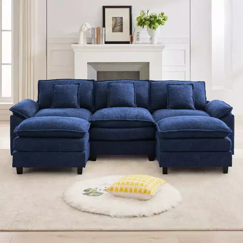 Likepay 105.9 in. Divano Sezionale a 5 Posti in Tessuto Ciniglia con 2 Pouf, Blu Scuro