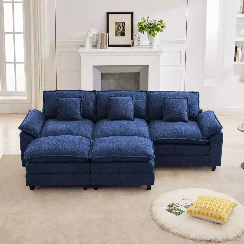 Likepay 105.9 in. Divano Sezionale a 5 Posti in Tessuto Ciniglia con 2 Pouf, Blu Scuro