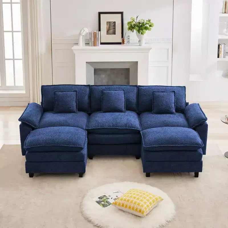 Likepay 105.9 in. Divano Sezionale a 5 Posti in Tessuto Ciniglia con 2 Pouf, Blu Scuro