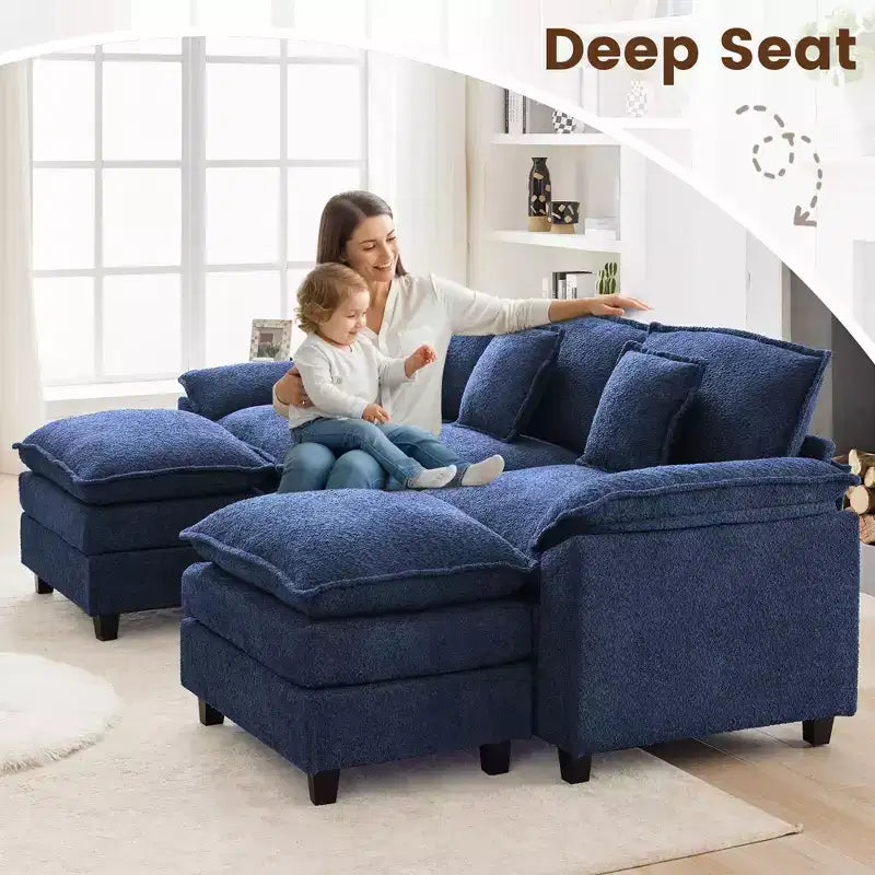 Likepay 105.9 in. Divano Sezionale a 5 Posti in Tessuto Ciniglia con 2 Pouf, Blu Scuro