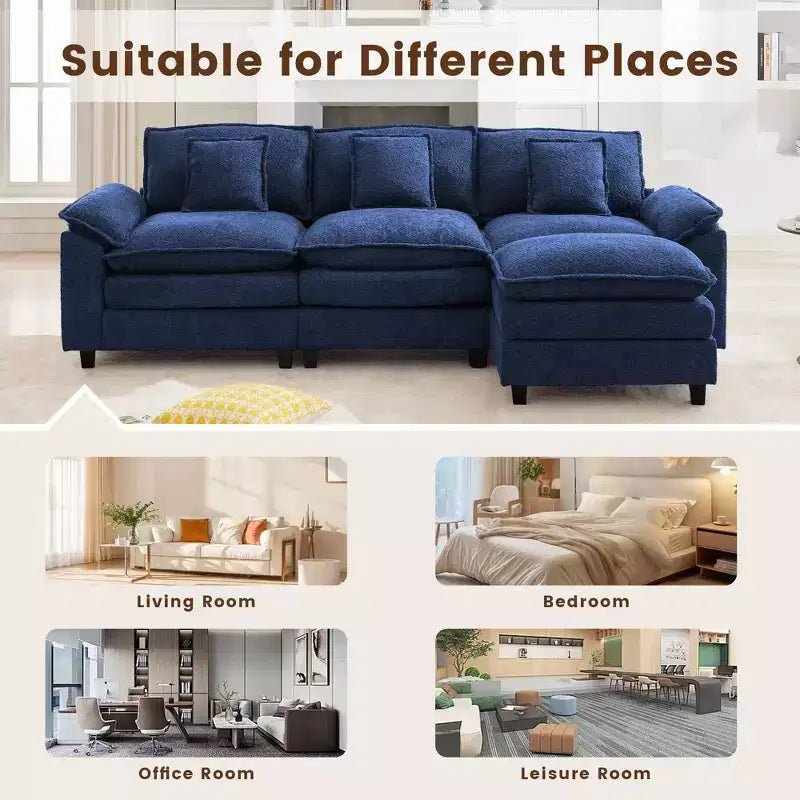 Likepay 105.9 in. Divano Sezionale a 5 Posti in Tessuto Ciniglia con 2 Pouf, Blu Scuro