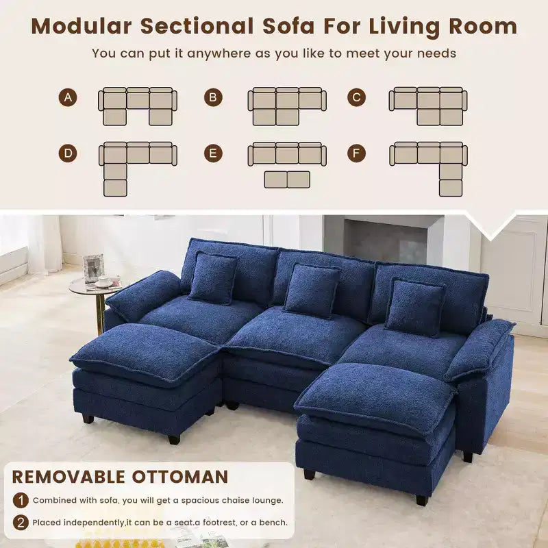 Likepay 105.9 in. Divano Sezionale a 5 Posti in Tessuto Ciniglia con 2 Pouf, Blu Scuro
