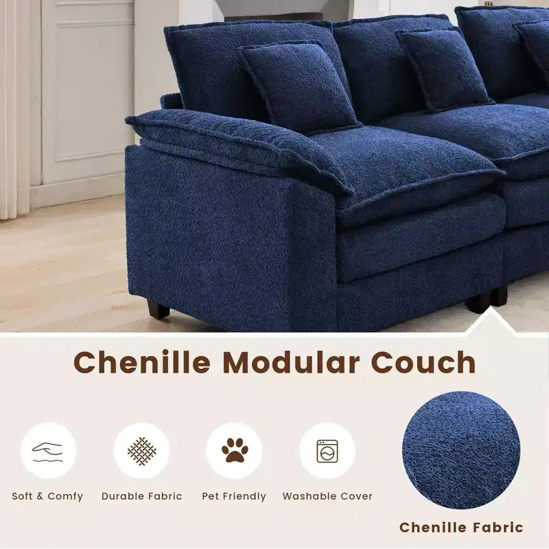Likepay 105.9 in. Divano Sezionale a 5 Posti in Tessuto Ciniglia con 2 Pouf, Blu Scuro