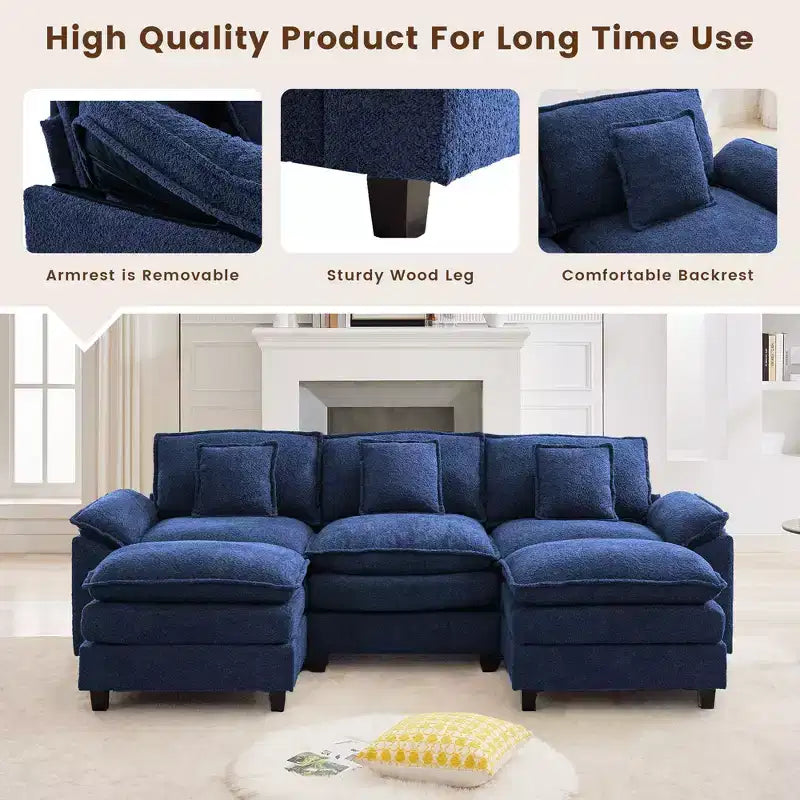 Likepay 105.9 in. Divano Sezionale a 5 Posti in Tessuto Ciniglia con 2 Pouf, Blu Scuro