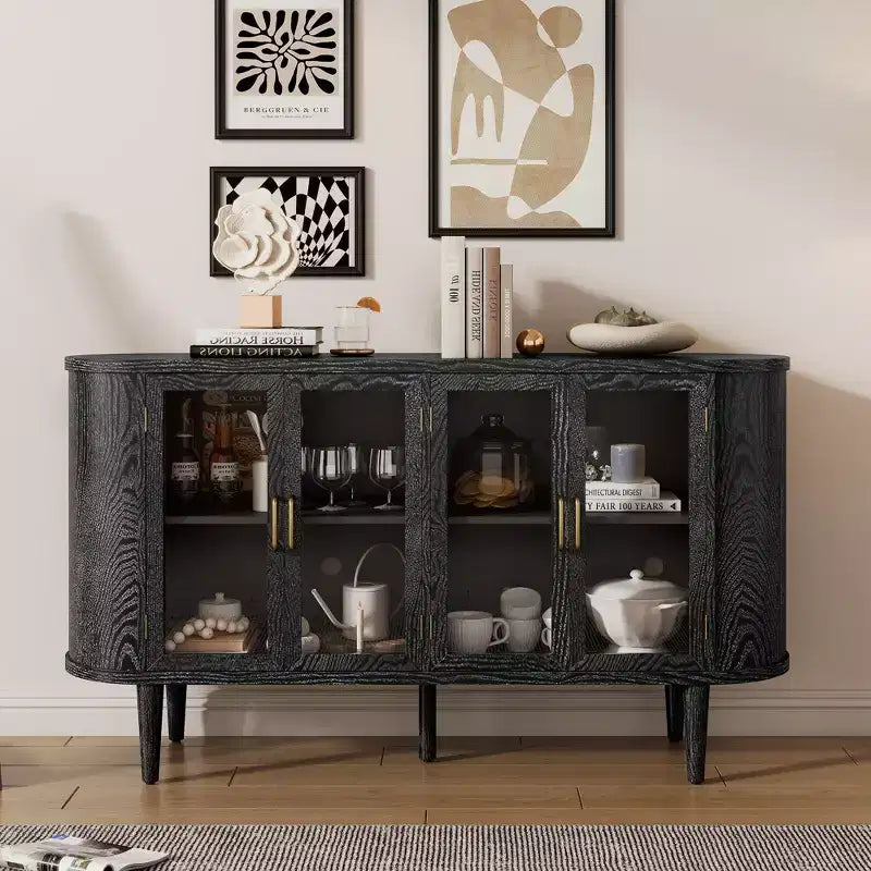 MAYEERTY Credenza Mobile Contenitore in Legno con Ante in Vetro Ripiani Regolabili per Soggiorno Cucina Nero