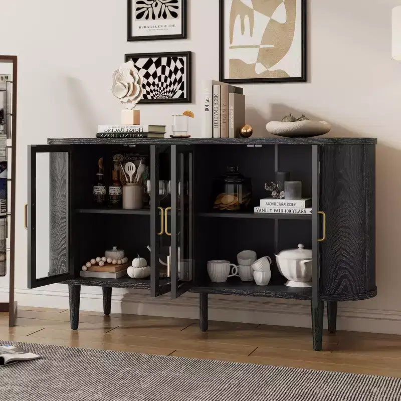 MAYEERTY Credenza Mobile Contenitore in Legno con Ante in Vetro Ripiani Regolabili per Soggiorno Cucina Nero