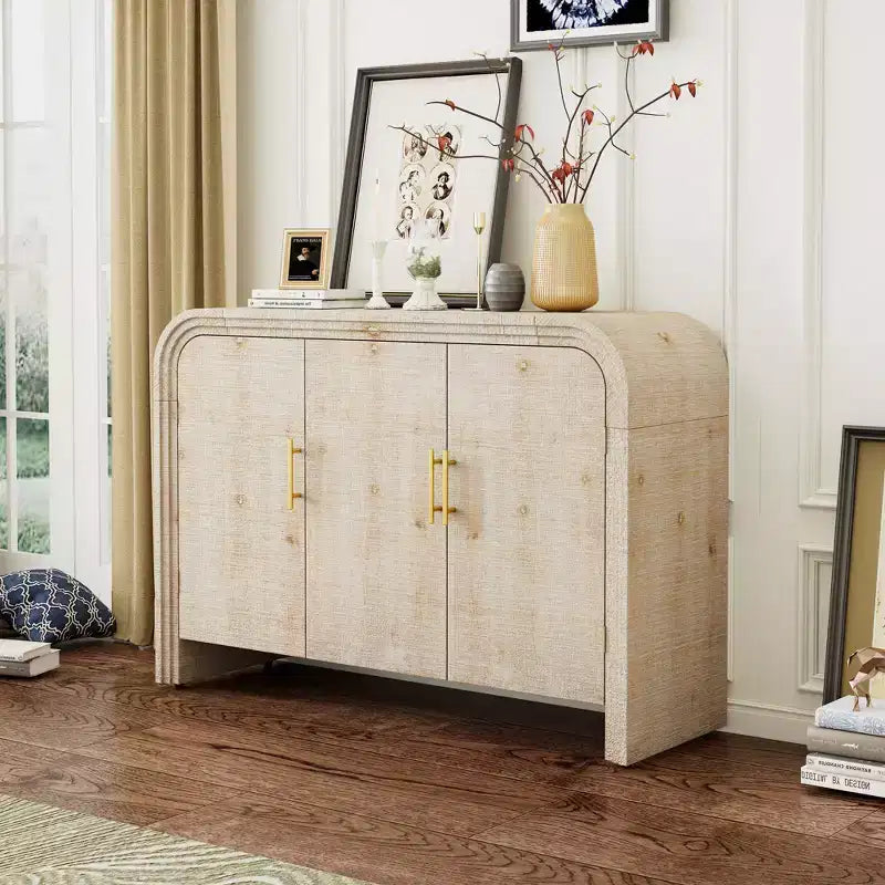 MAYEERTY Credenza retrò ricurva con maniglie dorate Divisori regolabili per soggiorno sala da pranzo Naturale
