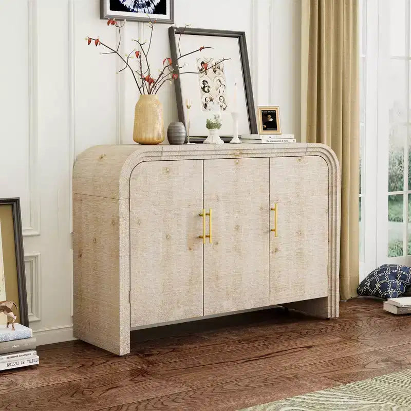 MAYEERTY Credenza retrò ricurva con maniglie dorate Divisori regolabili per soggiorno sala da pranzo Naturale