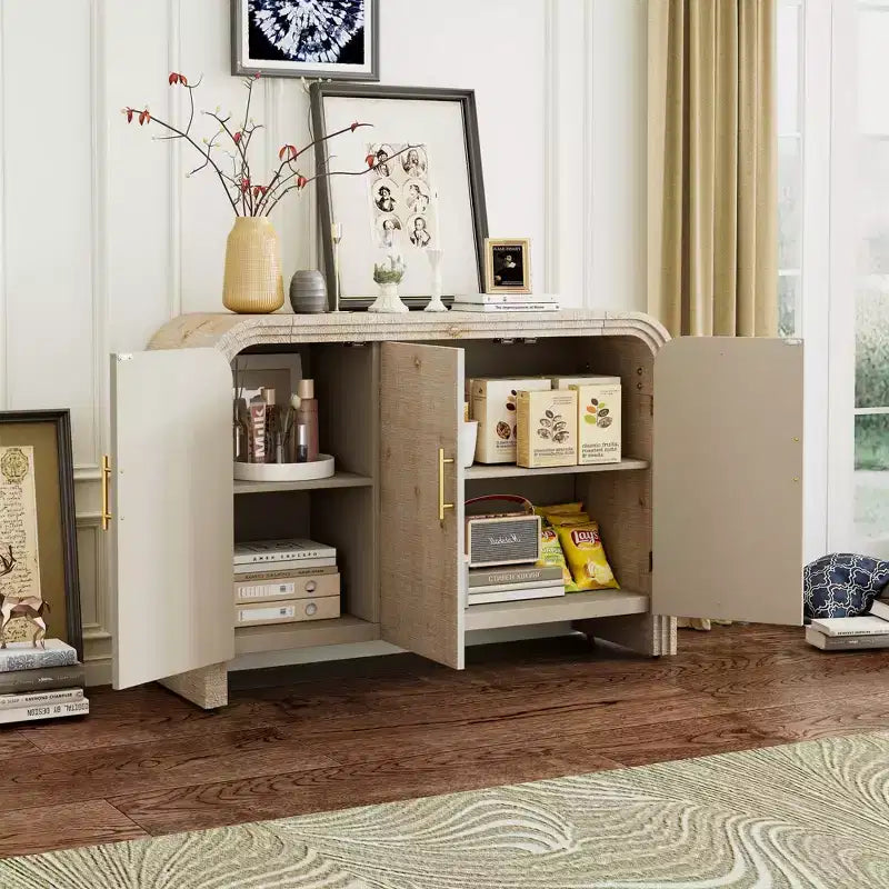 MAYEERTY Credenza retrò ricurva con maniglie dorate Divisori regolabili per soggiorno sala da pranzo Naturale
