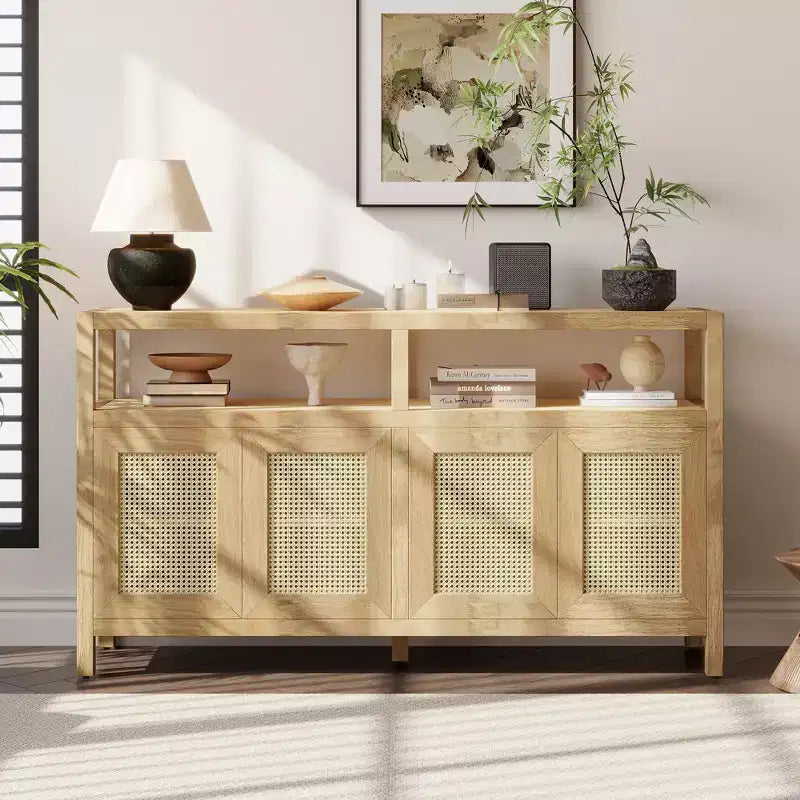 MAYEERTY Rattan Buffet Storage Cabinet with Solid Wood Frame 3 Position Adjuatable Shelves for Living Rooms Natural