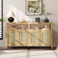 MAYEERTY Rattan Buffet Storage Cabinet with Solid Wood Frame 3 Position Adjuatable Shelves for Living Rooms Natural