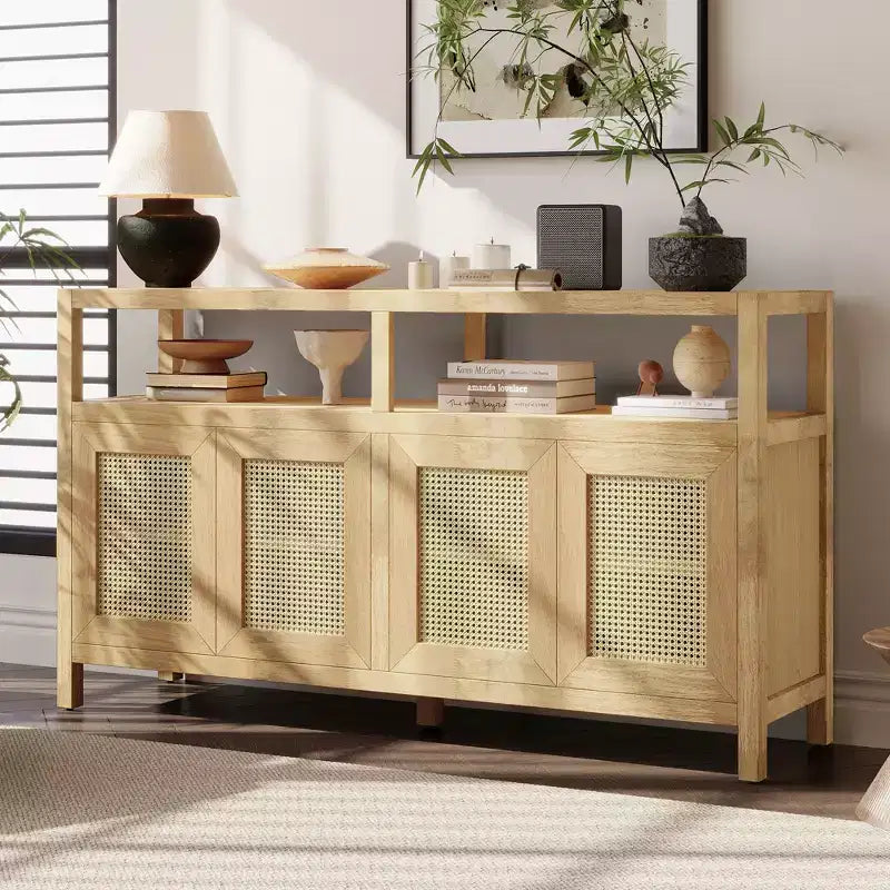 MAYEERTY Credenza a buffet in rattan con struttura in legno massiccio, ripiani regolabili in 3 posizioni per soggiorni, naturale
