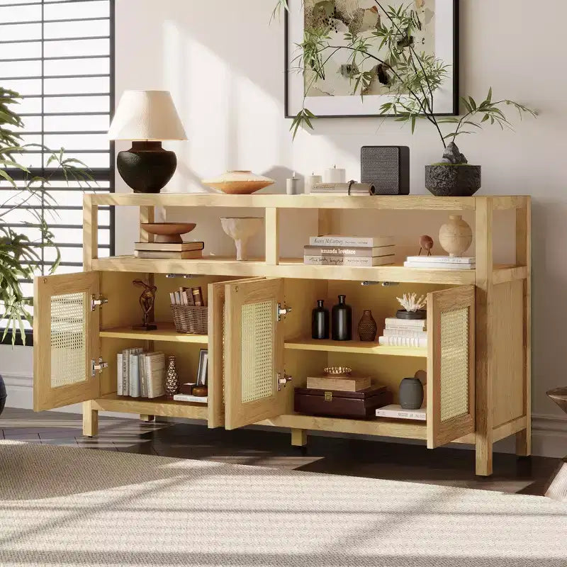MAYEERTY Credenza a buffet in rattan con struttura in legno massiccio, ripiani regolabili in 3 posizioni per soggiorni, naturale