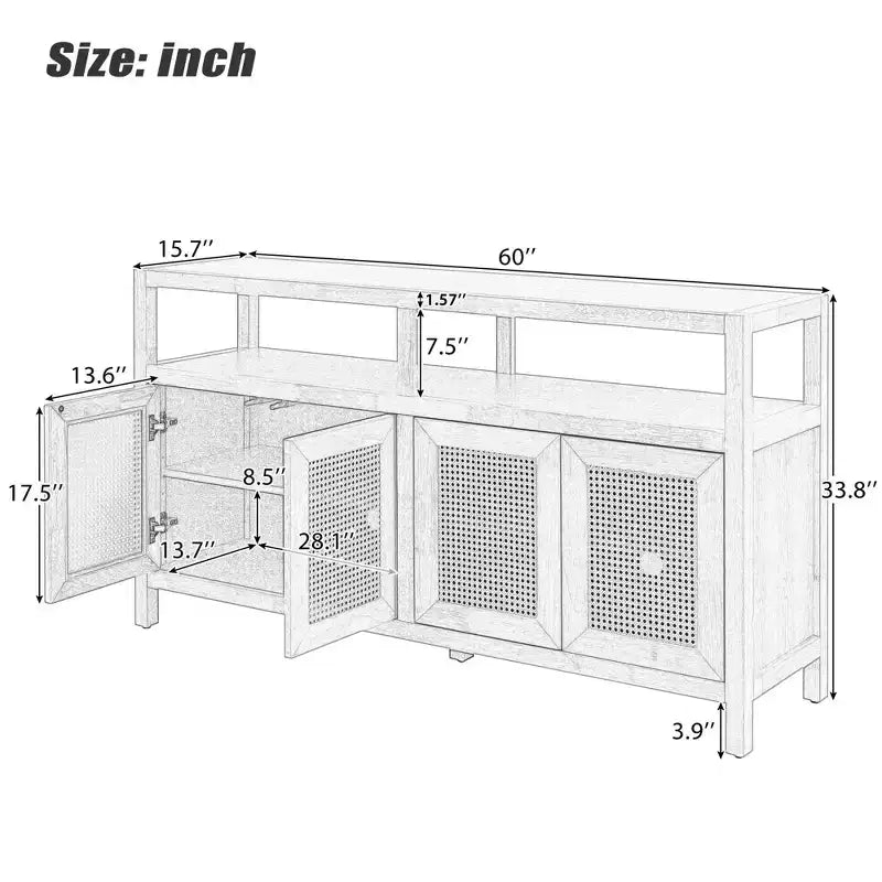 MAYEERTY Credenza a buffet in rattan con struttura in legno massiccio, ripiani regolabili in 3 posizioni per soggiorni, naturale