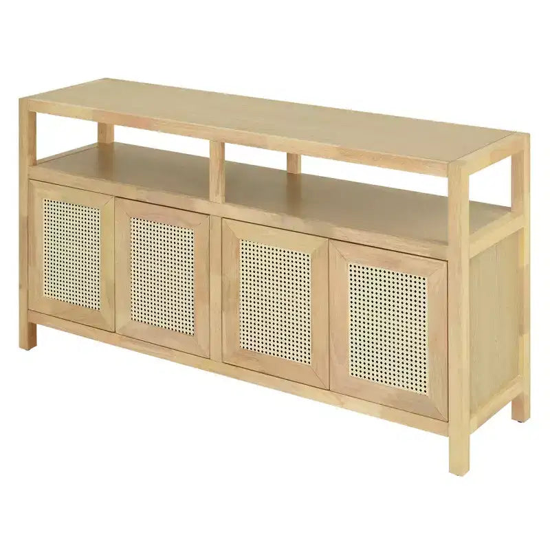 MAYEERTY Credenza a buffet in rattan con struttura in legno massiccio, ripiani regolabili in 3 posizioni per soggiorni, naturale