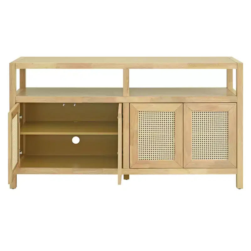 MAYEERTY Credenza a buffet in rattan con struttura in legno massiccio, ripiani regolabili in 3 posizioni per soggiorni, naturale