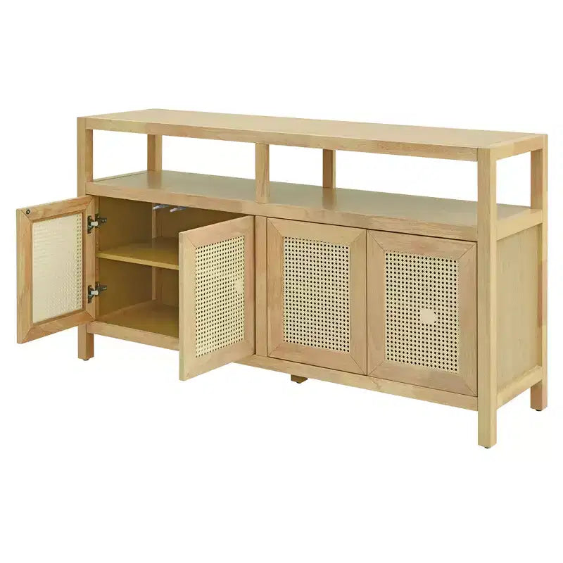 MAYEERTY Credenza a buffet in rattan con struttura in legno massiccio, ripiani regolabili in 3 posizioni per soggiorni, naturale