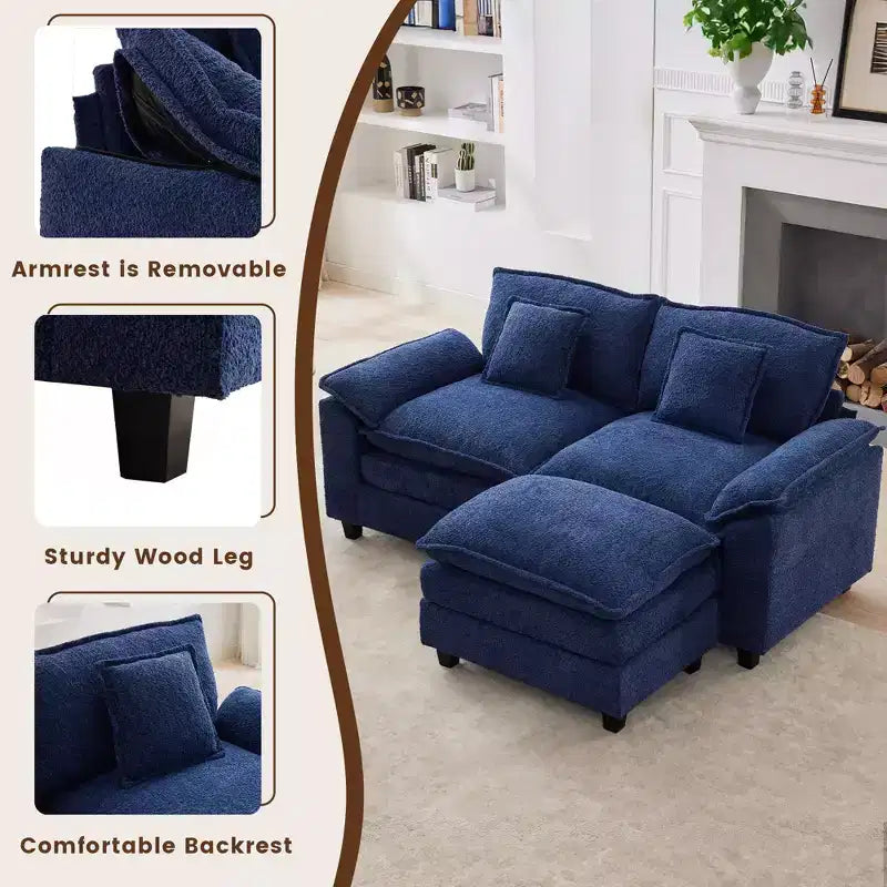 HYLEORY Divano Sezionale a 3 Posti in Tessuto Ciniglia da 190 cm con Pouf