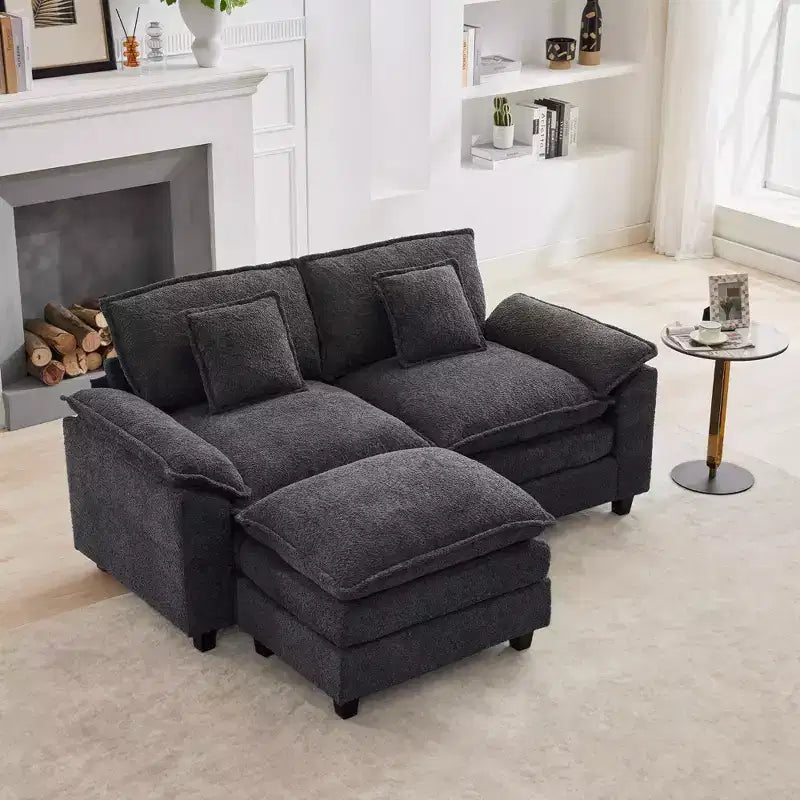 HYLEORY Divano Sezionale a 3 Posti in Tessuto Ciniglia da 190 cm con Pouf