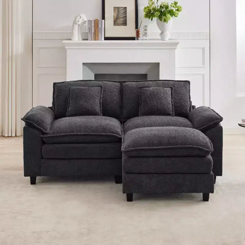 HYLEORY Divano Sezionale a 3 Posti in Tessuto Ciniglia da 190 cm con Pouf