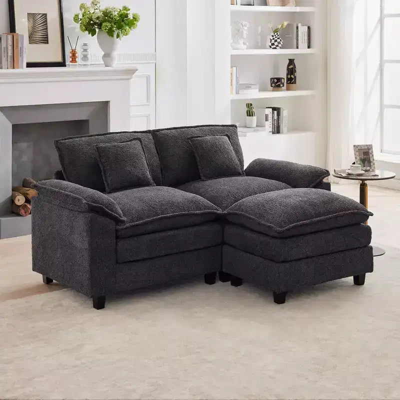 HYLEORY Divano Sezionale a 3 Posti in Tessuto Ciniglia da 190 cm con Pouf