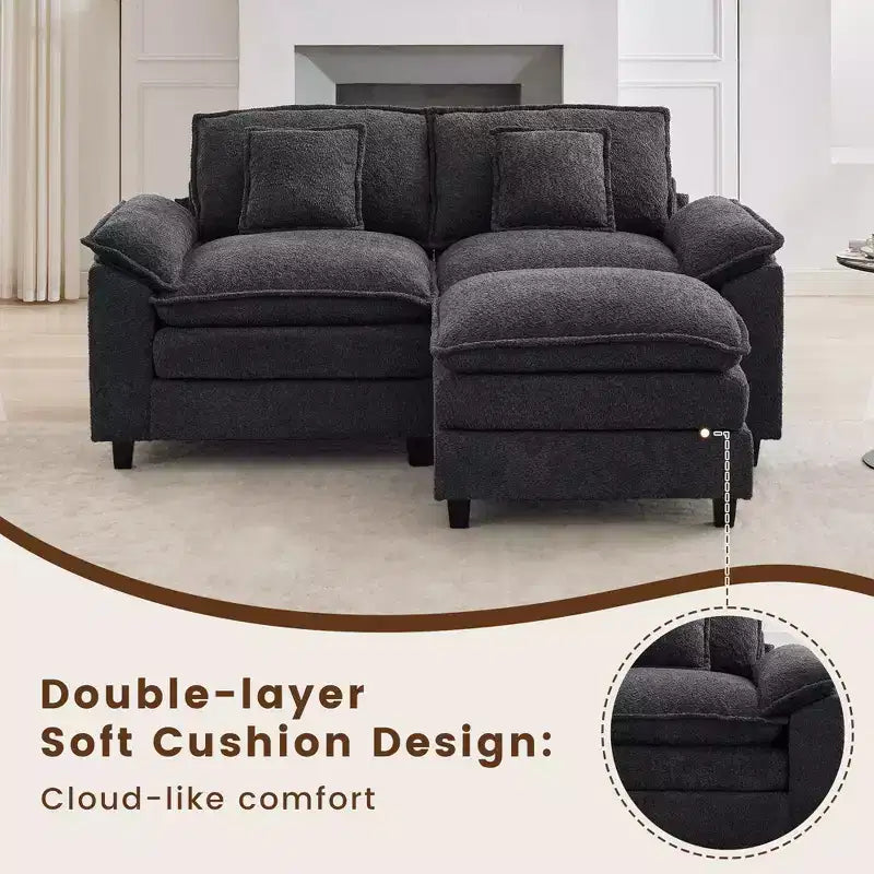 HYLEORY Divano Sezionale a 3 Posti in Tessuto Ciniglia da 190 cm con Pouf