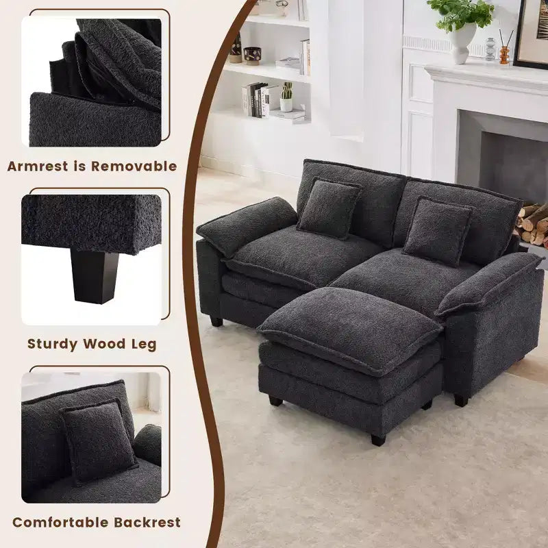 HYLEORY Divano Sezionale a 3 Posti in Tessuto Ciniglia da 190 cm con Pouf