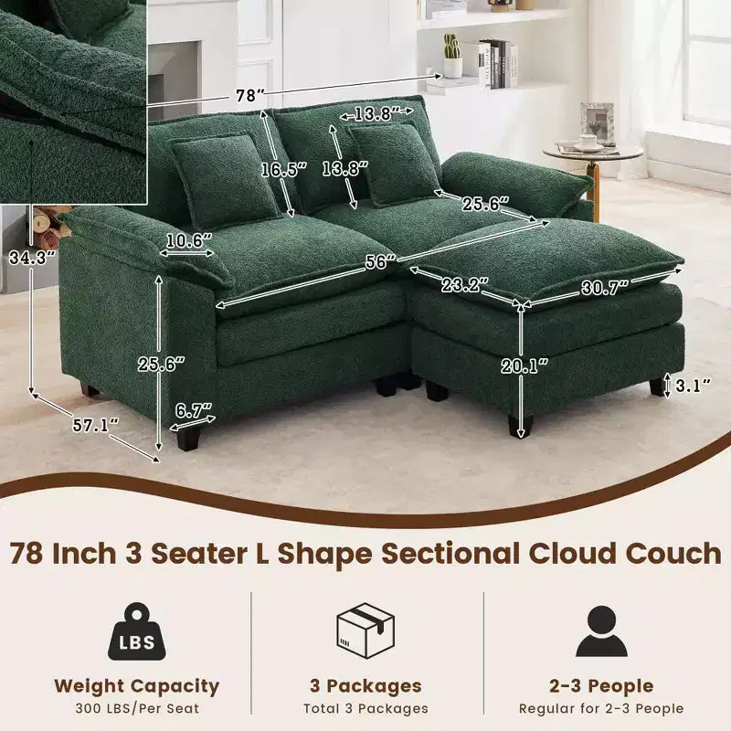 HYLEORY Divano Sezionale a 3 Posti in Tessuto Ciniglia da 190 cm con Pouf