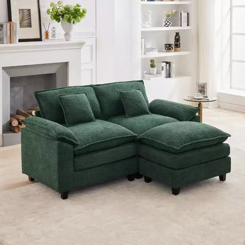 HYLEORY Divano Sezionale a 3 Posti in Tessuto Ciniglia da 190 cm con Pouf