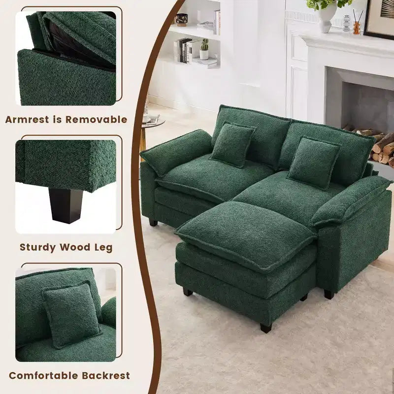 HYLEORY Divano Sezionale a 3 Posti in Tessuto Ciniglia da 190 cm con Pouf