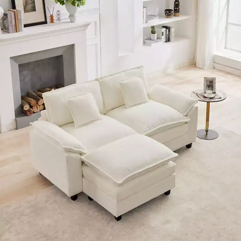 HYLEORY Divano Sezionale a 3 Posti in Tessuto Ciniglia da 190 cm con Pouf