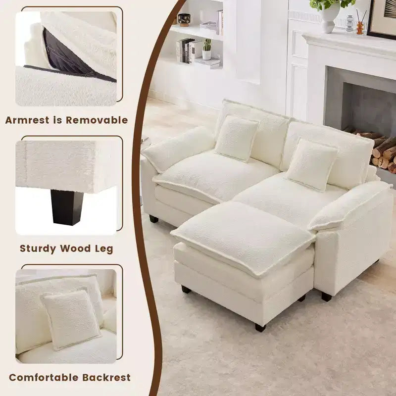 HYLEORY Divano Sezionale a 3 Posti in Tessuto Ciniglia da 190 cm con Pouf