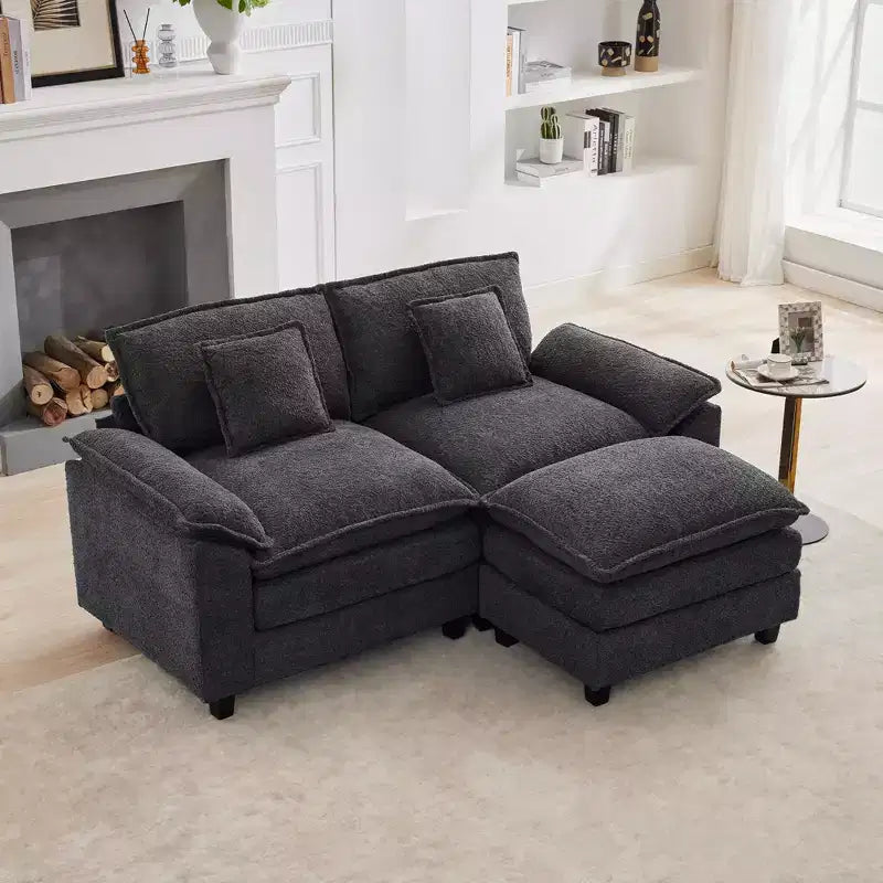 HYLEORY Divano Sezionale a 3 Posti in Tessuto Ciniglia da 190 cm con Pouf