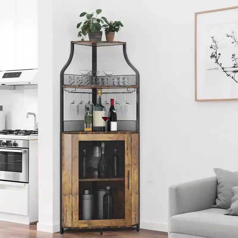 Meuble à vin d'angle, porte-bouteilles en métal pouvant contenir plus de 50 bouteilles et verres, rangement à vin au sol pour cuisine, salle à manger, bureau, bar