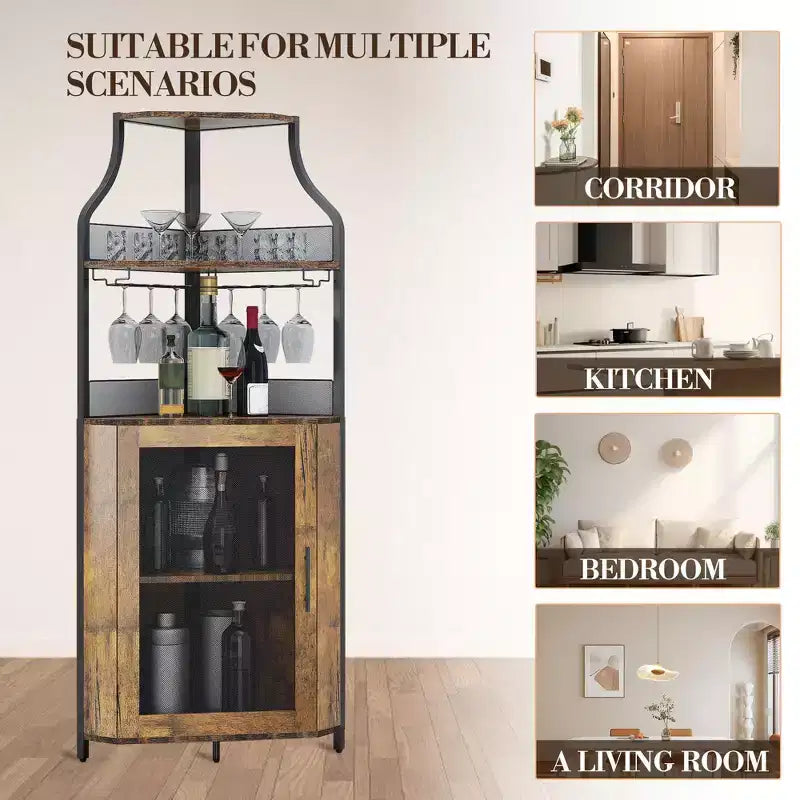 Meuble à vin d'angle, porte-bouteilles en métal pouvant contenir plus de 50 bouteilles et verres, rangement à vin au sol pour cuisine, salle à manger, bureau, bar