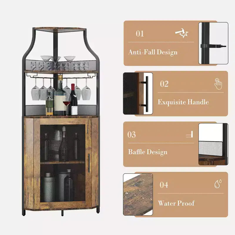 Meuble à vin d'angle, porte-bouteilles en métal pouvant contenir plus de 50 bouteilles et verres, rangement à vin au sol pour cuisine, salle à manger, bureau, bar